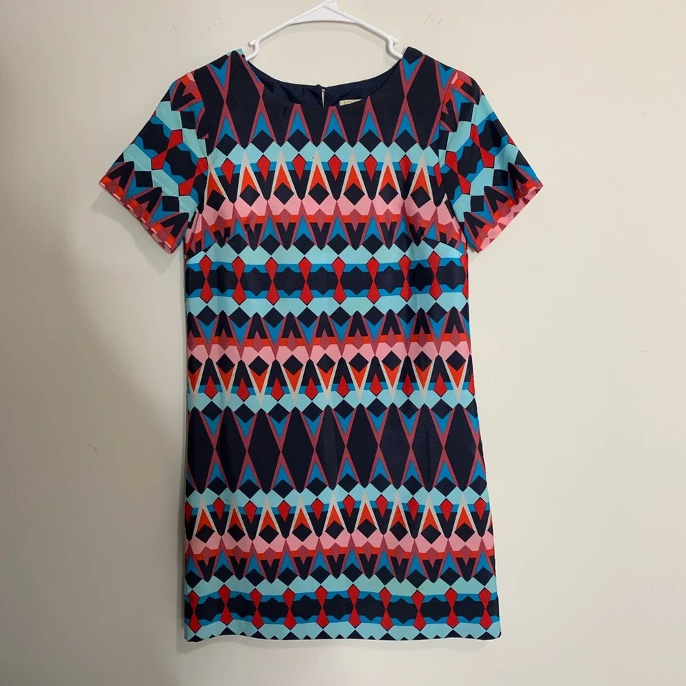 M1‎ J. Crew Geo Print Blue Mini Dress Sleeve Preppy Shift Cute Romantic Size 00